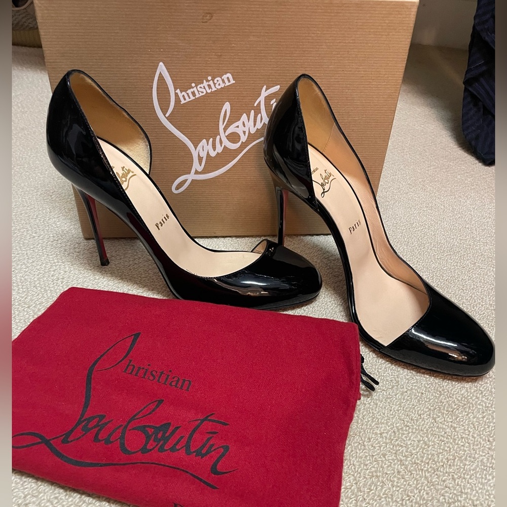 Christian Louboutin black patent leather Helmour Asymmetric D’orsay heels